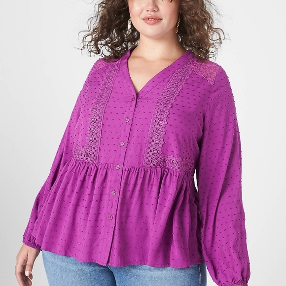 Lane Bryant Classic Top Sz 14 Long-Sleeve Split-Neck Button-Down Peplum Blouse - Picture 12 of 12